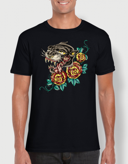 ανδρικό t-shirt μαύρο με στάμπα Panther tattoo roses