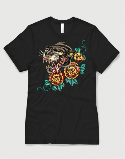 ανδρικό t-shirt μαύρο με στάμπα Panther tattoo roses