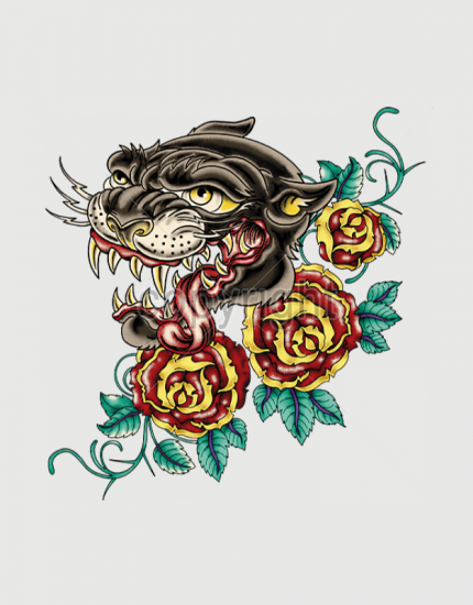 ανδρικό t-shirt μαύρο με στάμπα Panther tattoo roses