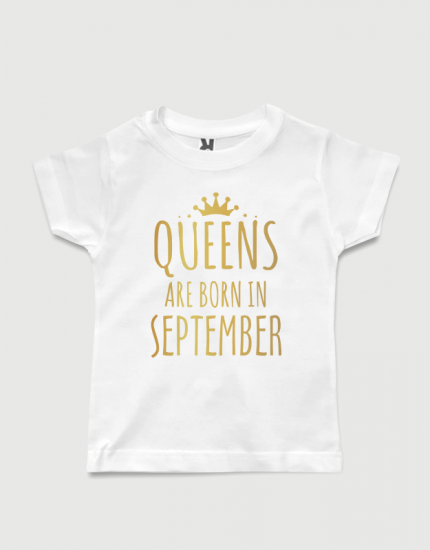 λευκό παιδικό μπλουζάκι με στάμπα Queen are born in September