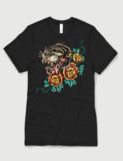 ανδρικό t-shirt μαύρο με στάμπα Panther tattoo roses