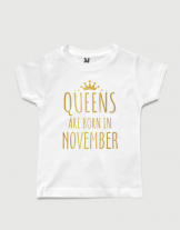 λευκό παιδικό μπλουζάκι με στάμπα Queen are born in November